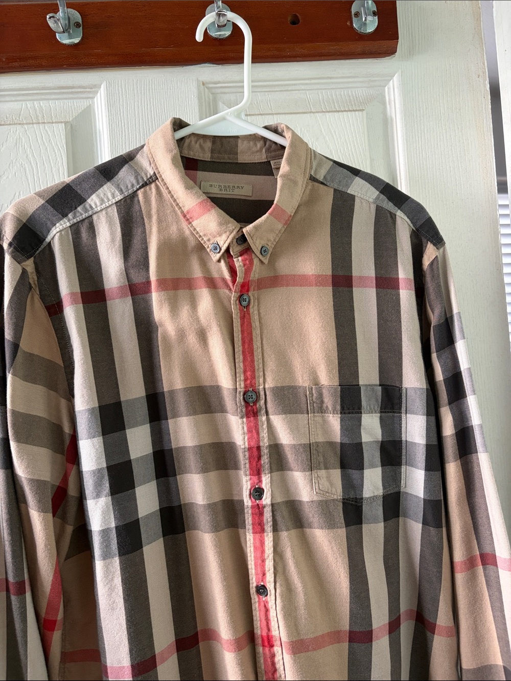 Burberry Plaid Button-Down Shirt in Beige, Black and Red